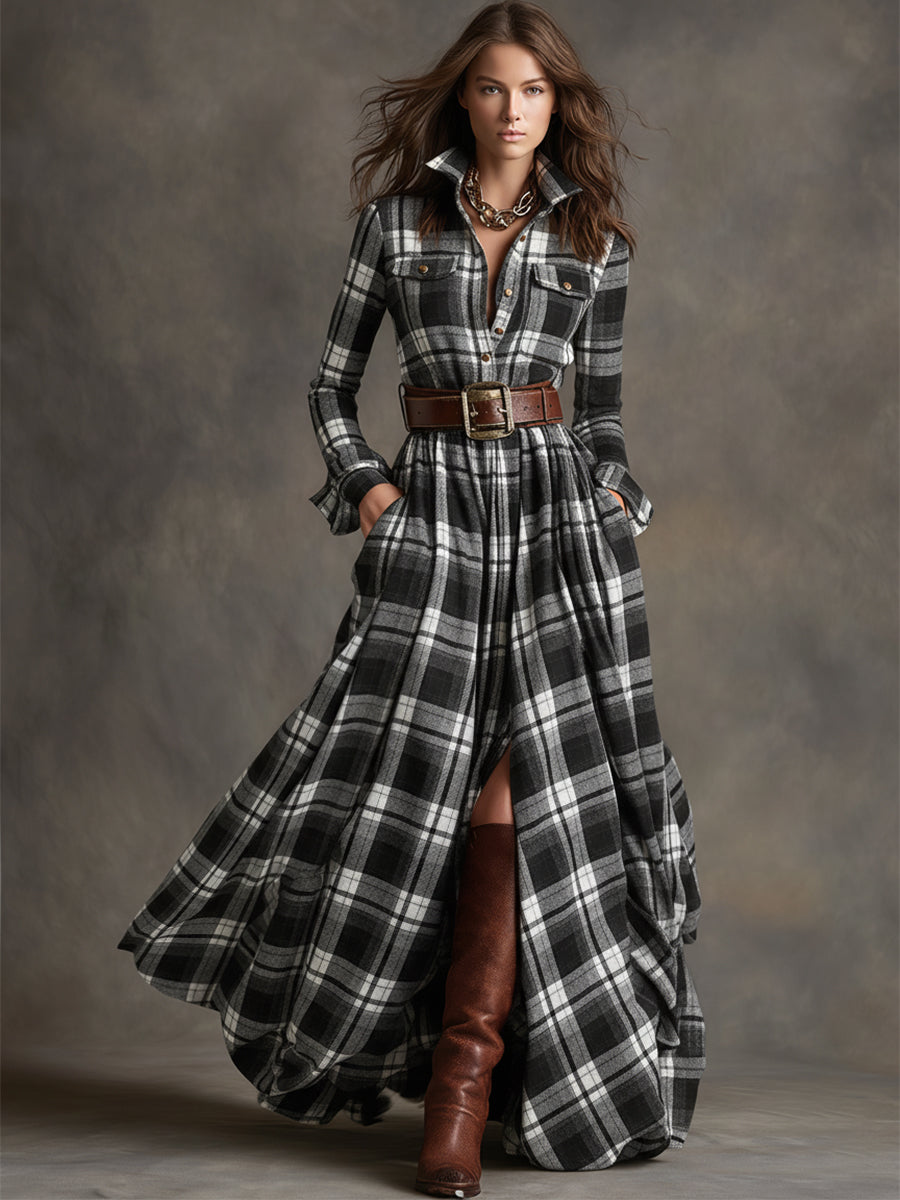 Harper belted shirt dress, black and white, worn