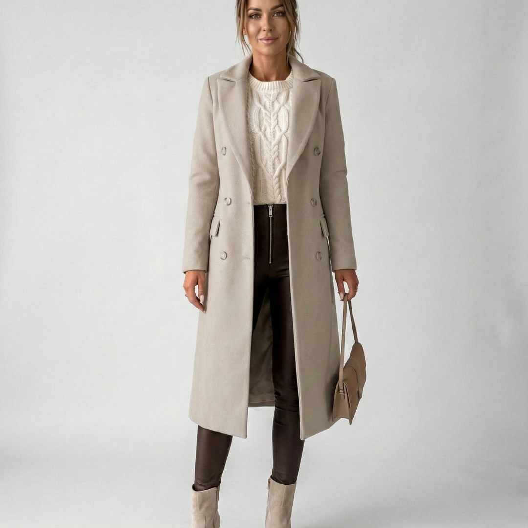 Hazeli longline double-breasted coat in beige - Olivia & Rose