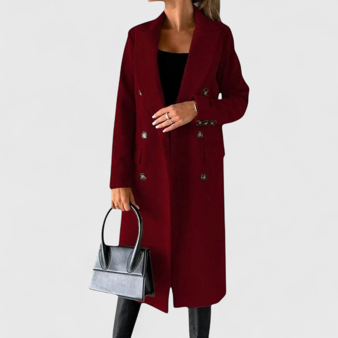 Hazeli longline double-breasted coat in burgundy - Olivia & Rose