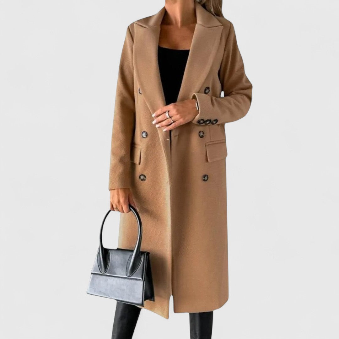 Hazeli longline double-breasted coat in camel - Olivia & Rose