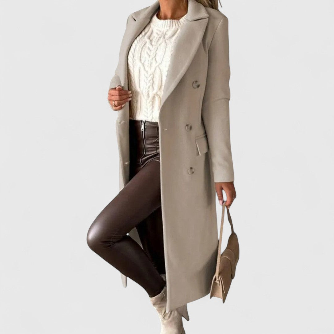 Hazeli longline double-breasted coat in beige, front view - Olivia & Rose