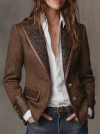 Hollis herringbone blazer with contrast trim, brown, worn
