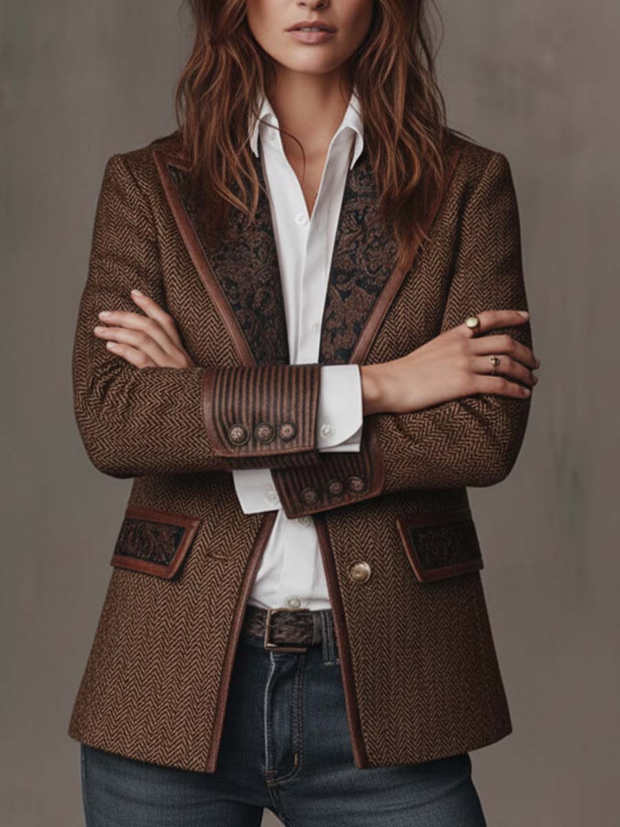 Hollis herringbone blazer with contrast trim, brown, arms crossed