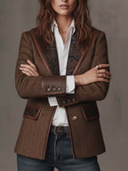 Hollis herringbone blazer with contrast trim, brown, arms crossed