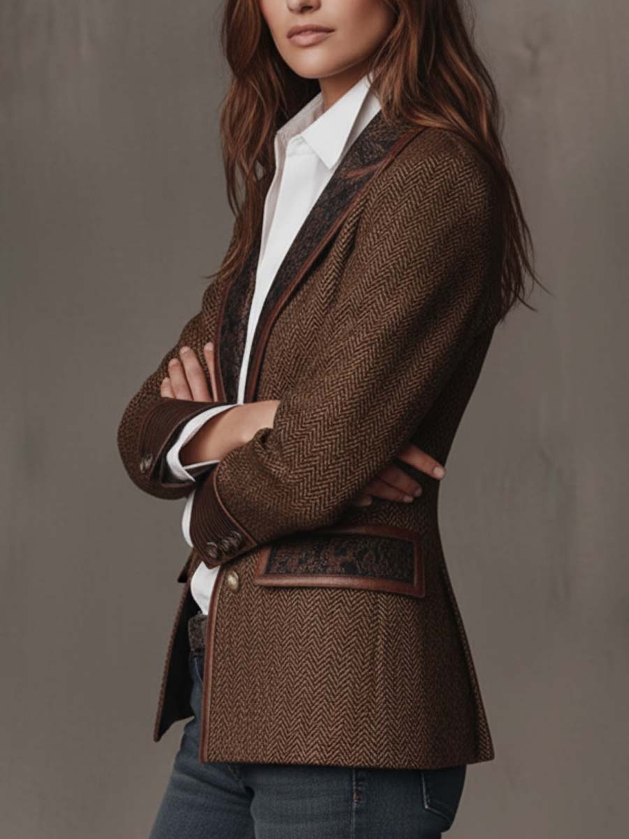 Hollis herringbone blazer with contrast trim, brown, side view