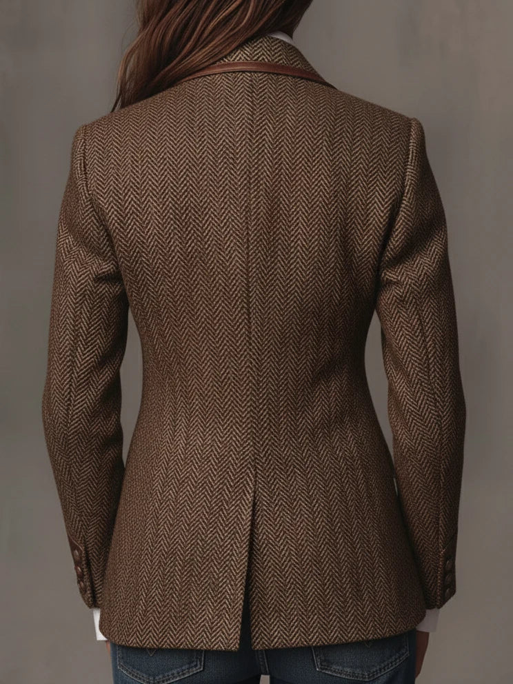 Hollis herringbone blazer with contrast trim, brown, back view
