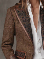 Hollis herringbone blazer with contrast trim, brown, pocket detail