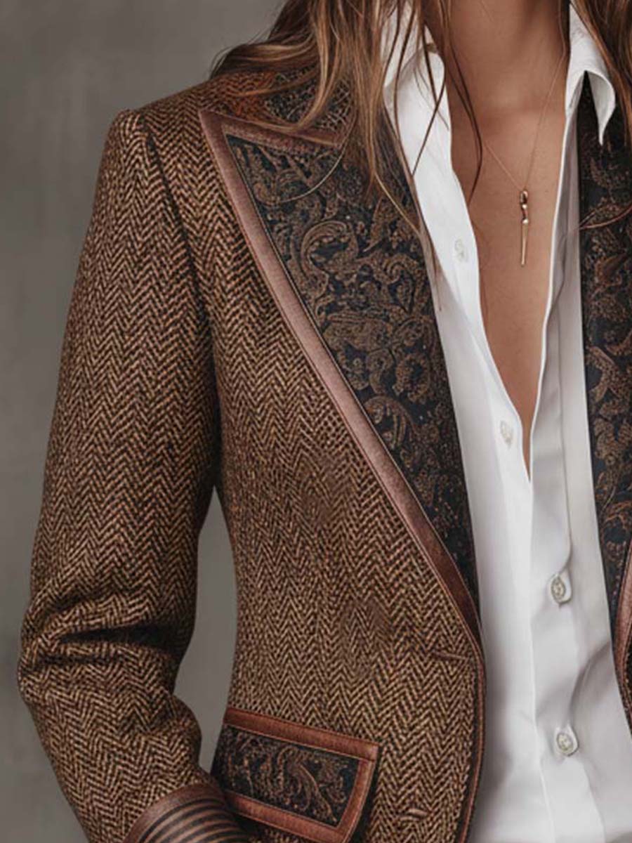 Hollis herringbone blazer with contrast trim, brown, pocket detail