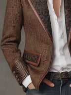 Hollis herringbone blazer with contrast trim, brown, cuff detail