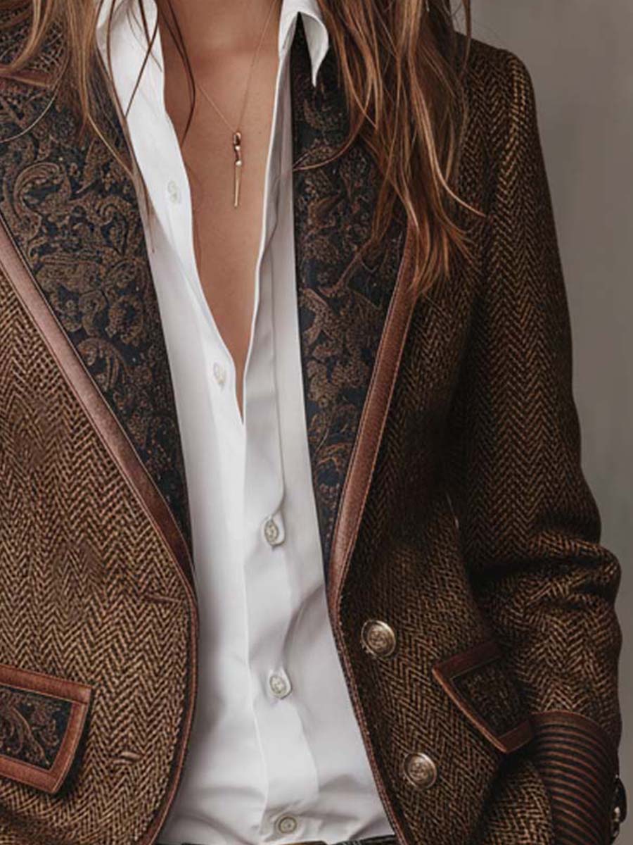 Hollis herringbone blazer with contrast trim, brown, lapel detail