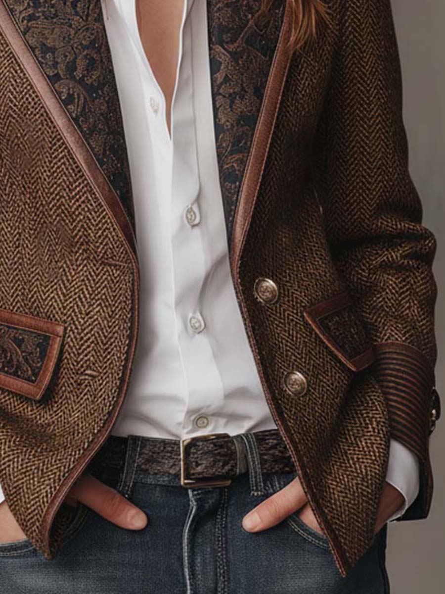 Hollis herringbone blazer with contrast trim, brown, front view