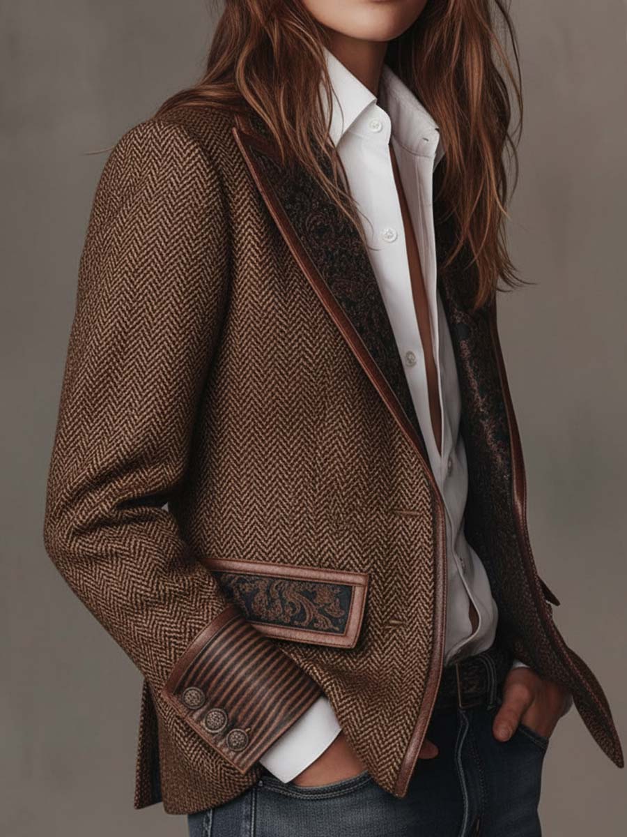 Hollis herringbone blazer with contrast trim, brown, three-quarter view