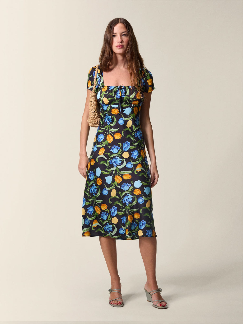 Ines Dress Black Floral Midi with Square Neckline and Short Sleeves 0