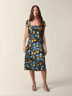 Ines Dress Black Floral Midi with Square Neckline and Short Sleeves 0