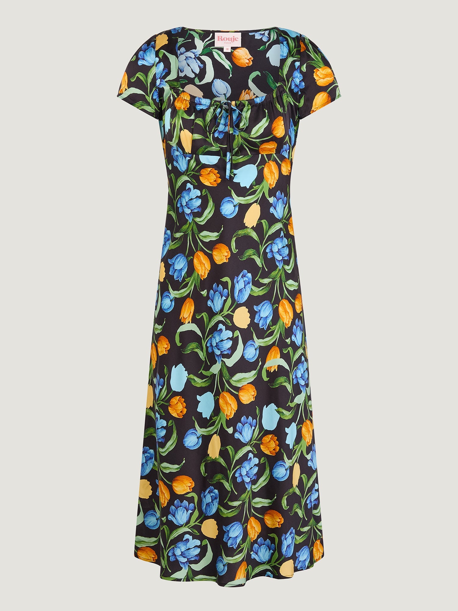 Ines Dress Black Floral Midi with Square Neckline and Short Sleeves 5
