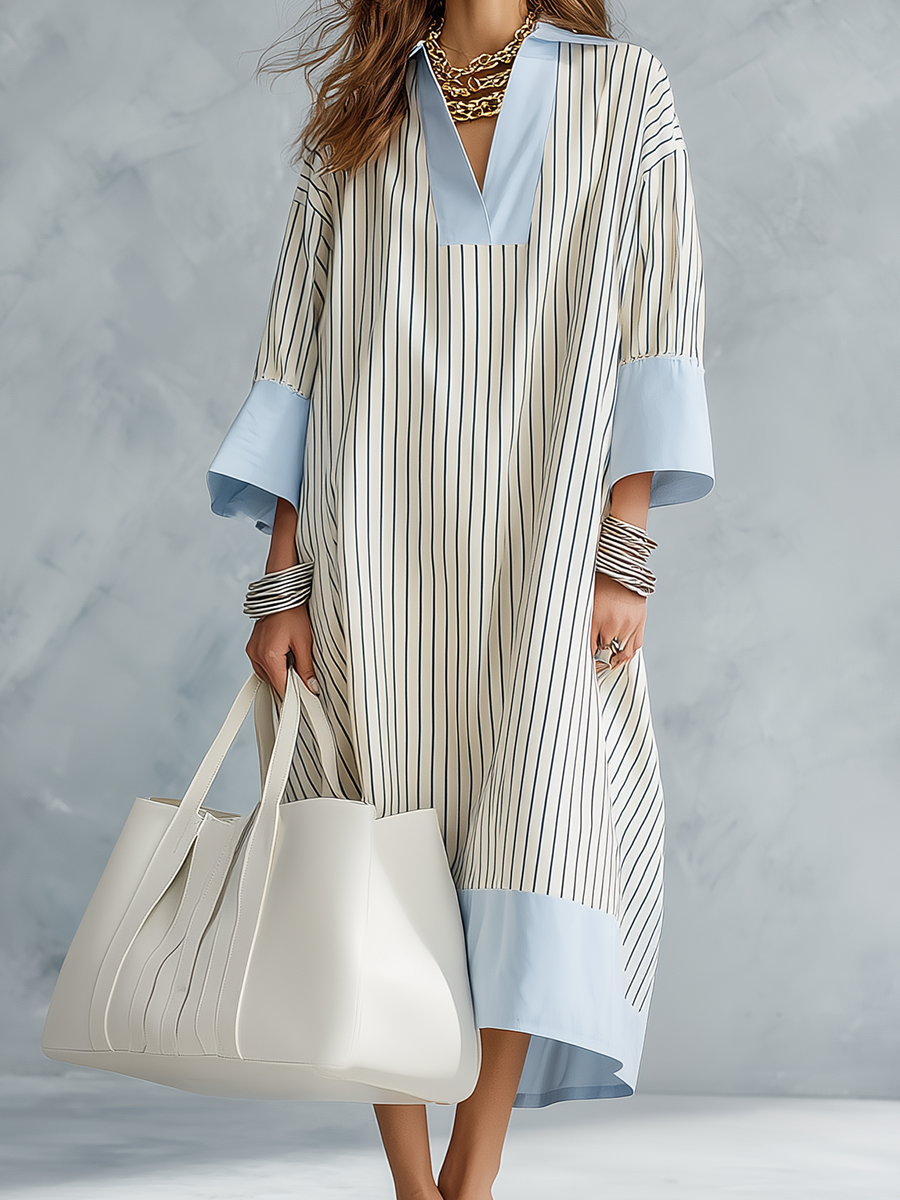 Striped midi dress in soft pastel colors, featuring a tailored fit and breathable fabric for comfort. 0