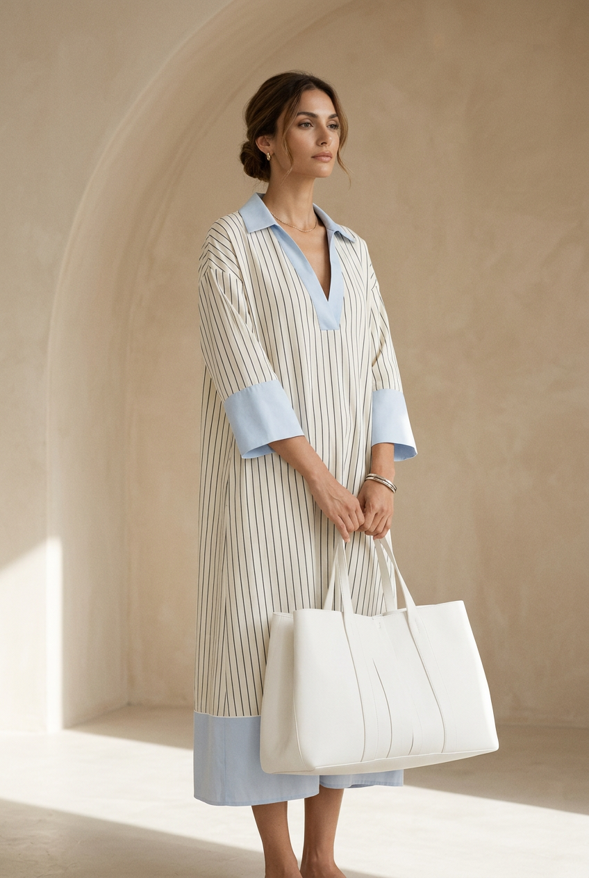 Striped midi dress in soft pastel colors, featuring a tailored fit and breathable fabric for comfort. 2