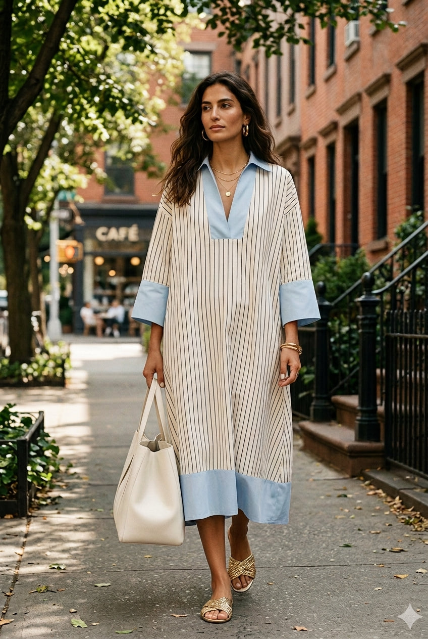 Striped midi dress in soft pastel colors, featuring a tailored fit and breathable fabric for comfort. 3