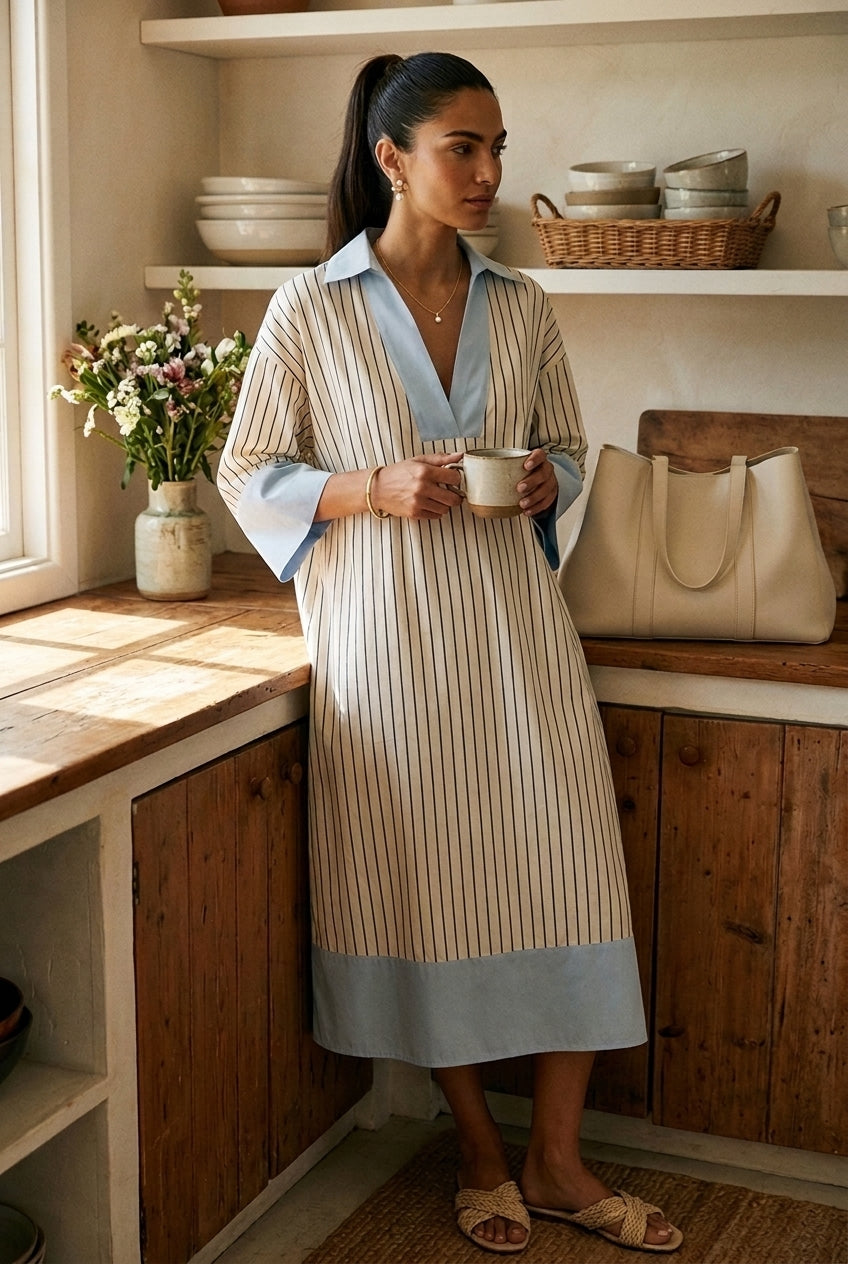 Striped midi dress in soft pastel colors, featuring a tailored fit and breathable fabric for comfort. 4