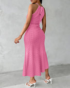 Light blue halter tie summer dress with a criss-cross front and side slit, featuring a knit jacquard pattern. 4