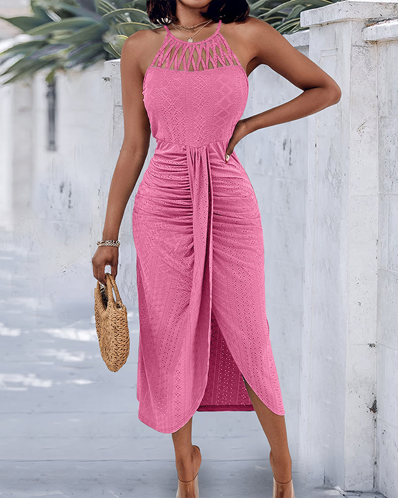 Light blue halter tie summer dress with a criss-cross front and side slit, featuring a knit jacquard pattern. 5