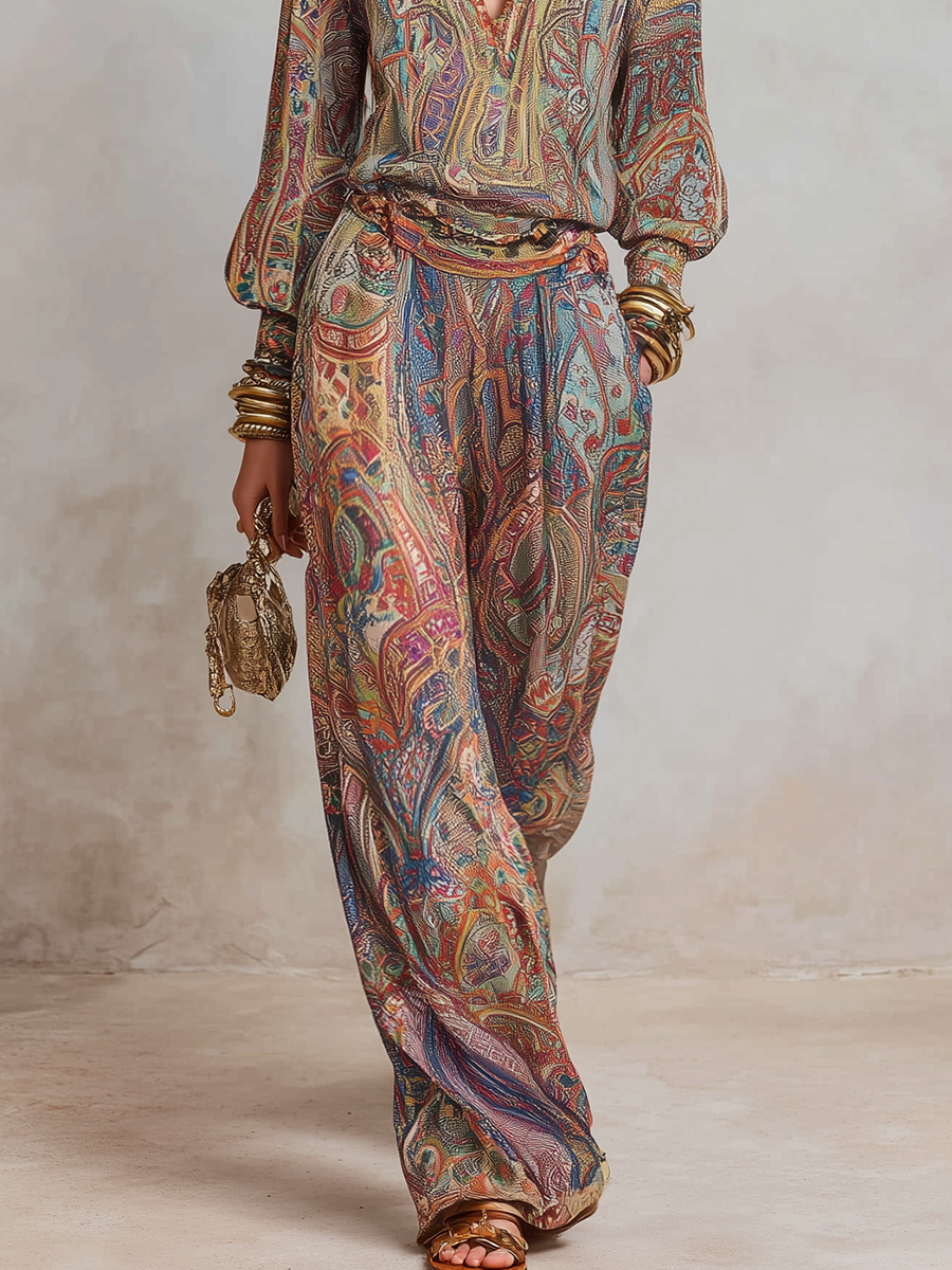 Wide leg pantsuit in navy with a paisley print, featuring a relaxed fit for a comfortable, stylish look. 3