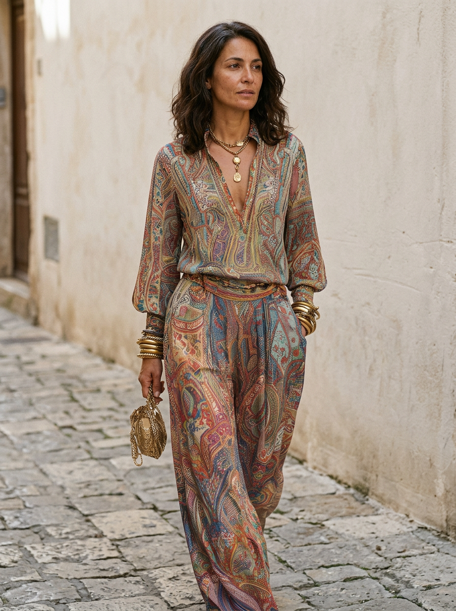 Wide leg pantsuit in navy with a paisley print, featuring a relaxed fit for a comfortable, stylish look. 4