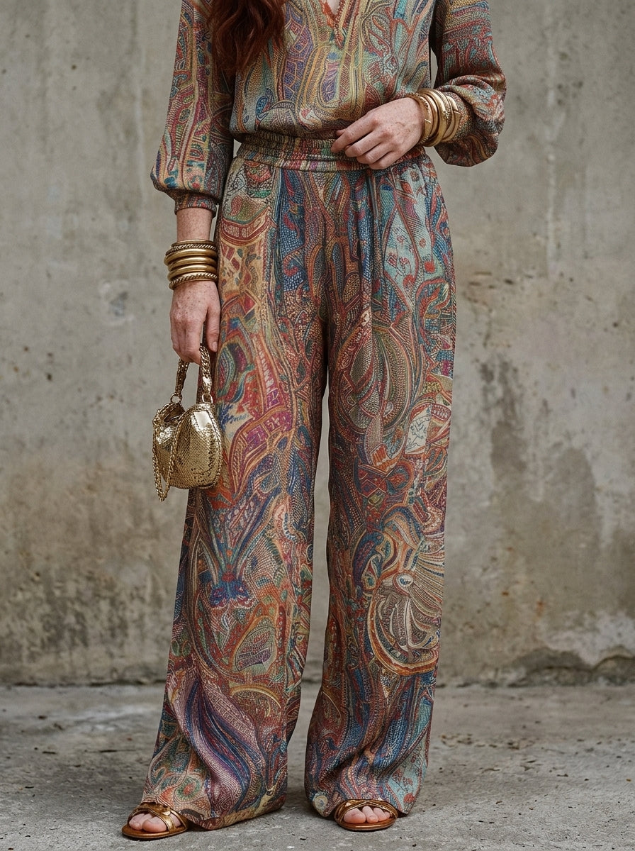 Wide leg pantsuit in navy with a paisley print, featuring a relaxed fit for a comfortable, stylish look. 6