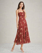 A red floral maxi dress featuring a square neckline and sleeveless design, showcasing a vibrant and feminine style. 2