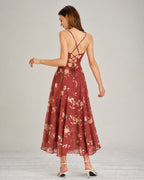 A red floral maxi dress featuring a square neckline and sleeveless design, showcasing a vibrant and feminine style. 4