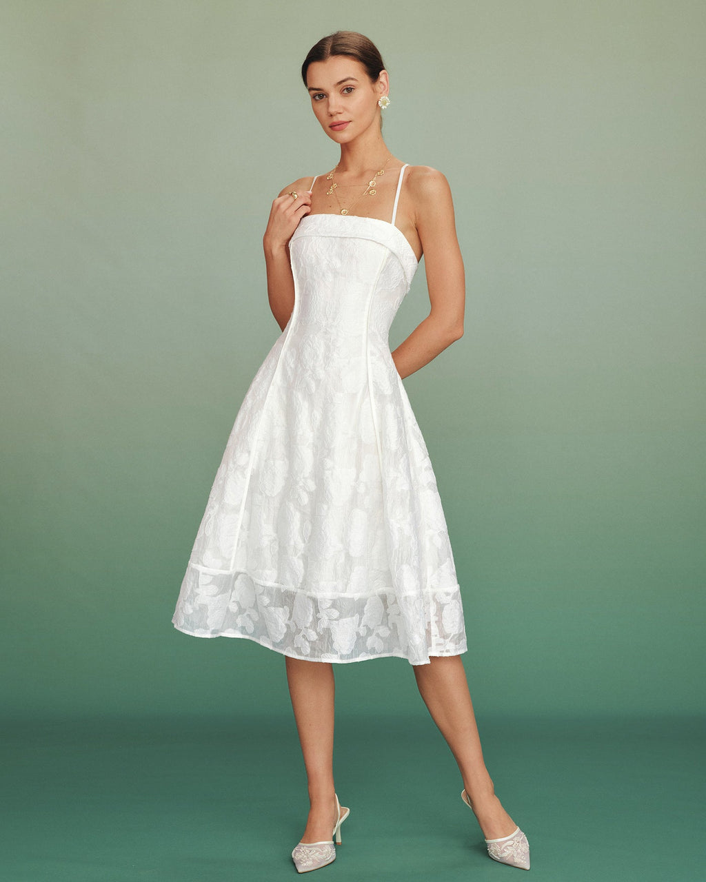 White midi dress with floral jacquard in an A-line silhouette, featuring a classic and elegant style. 5