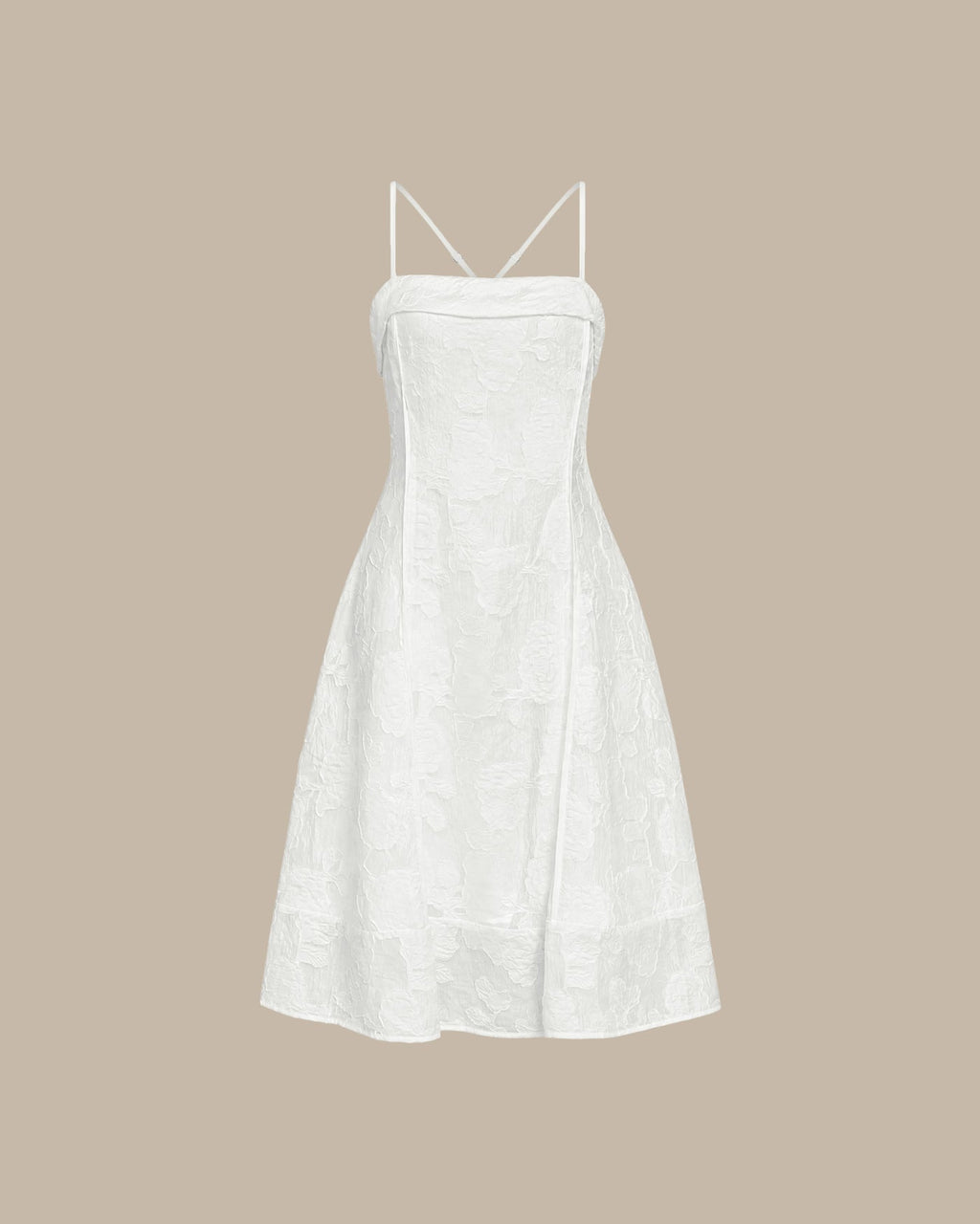 White midi dress with floral jacquard in an A-line silhouette, featuring a classic and elegant style. 7