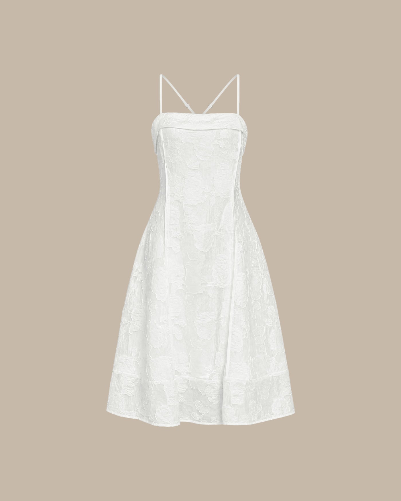 White midi dress with floral jacquard in an A-line silhouette, featuring a classic and elegant style. 7