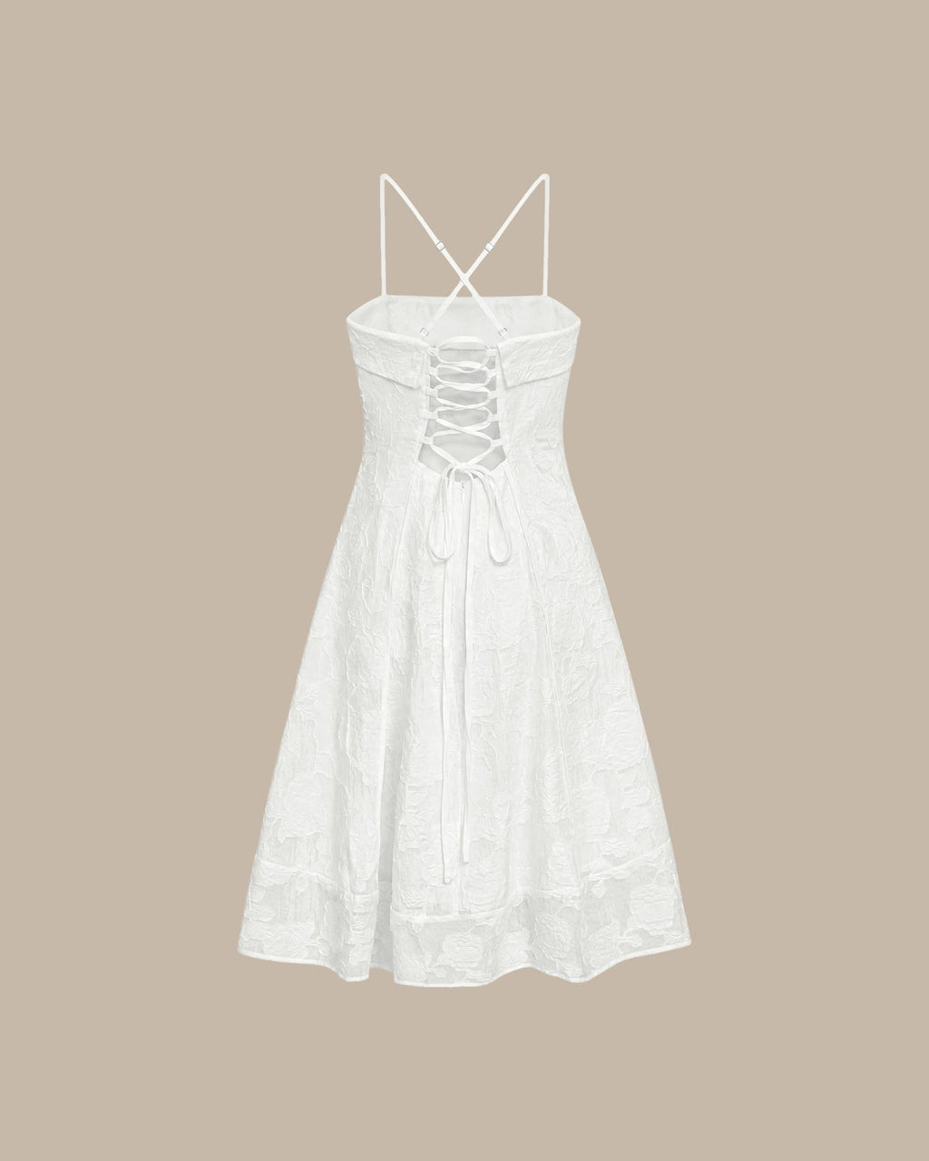 White midi dress with floral jacquard in an A-line silhouette, featuring a classic and elegant style. 8