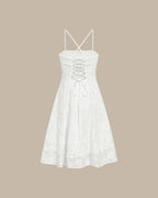 White midi dress with floral jacquard in an A-line silhouette, featuring a classic and elegant style. 8