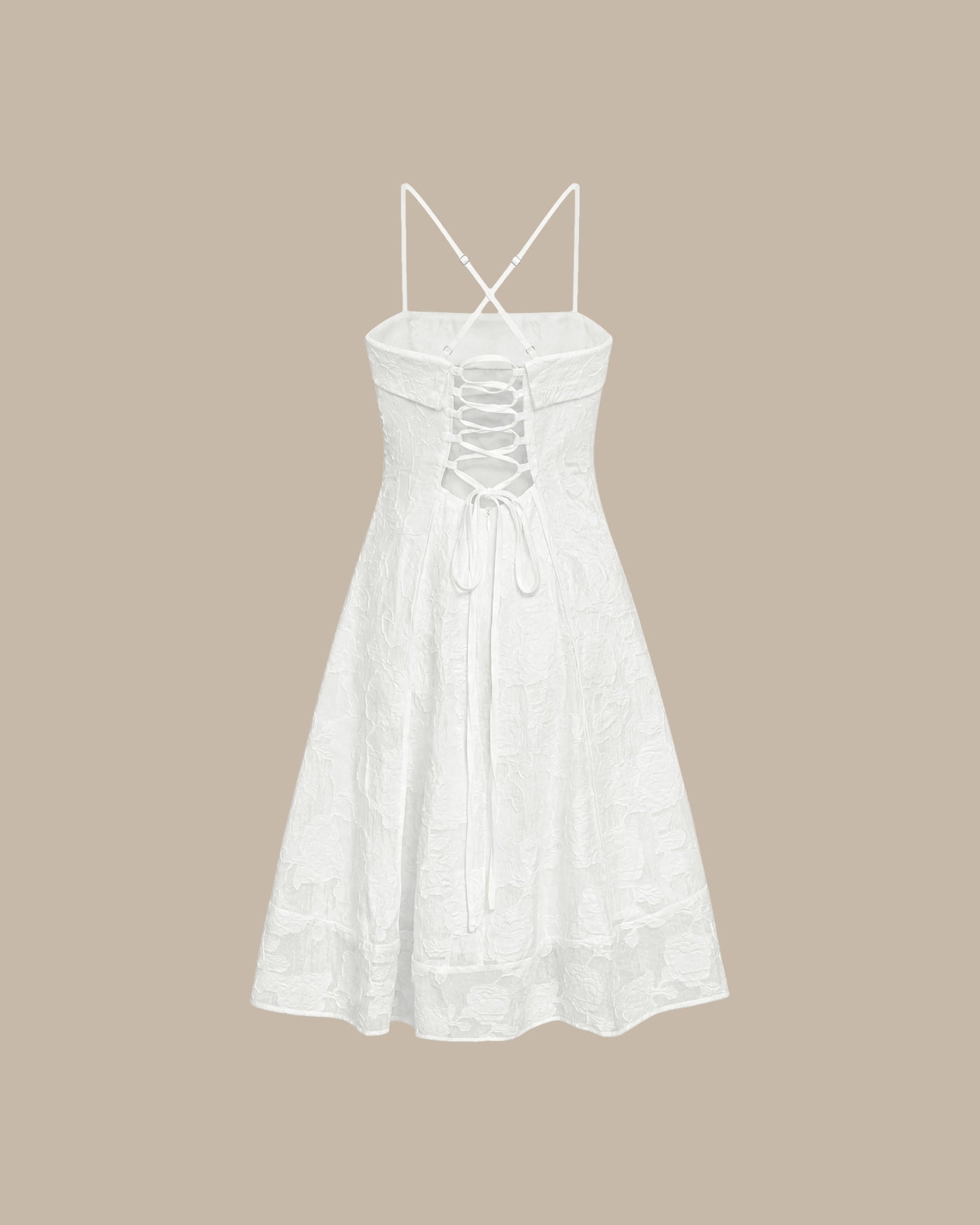 White midi dress with floral jacquard in an A-line silhouette, featuring a classic and elegant style. 8
