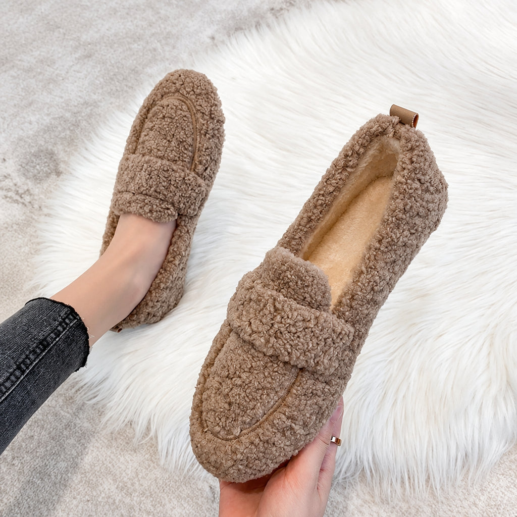 Jane teddy faux fur loafer flats, taupe, worn