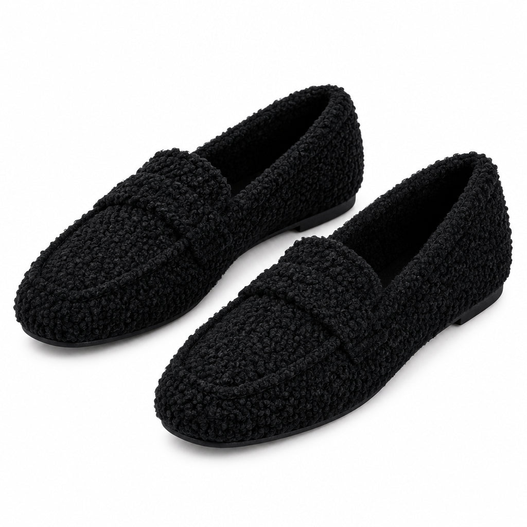 Jane teddy faux fur loafer flats, black, worn