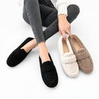 Jane teddy faux fur loafer flats, black and cream side by side