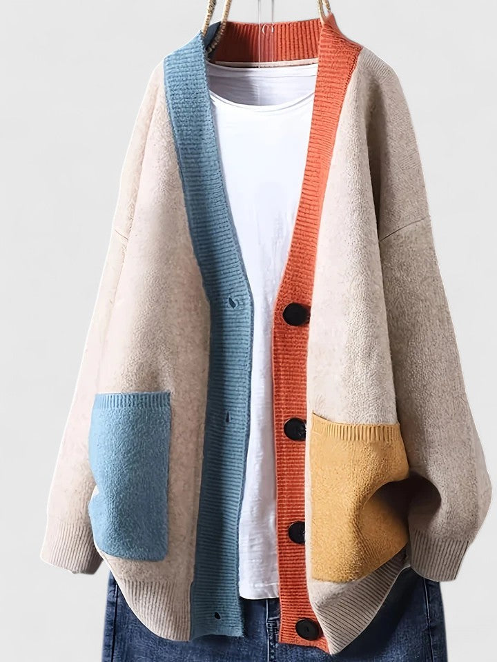 Beige colour block knit cardigan for women with contrast placket, collar and patch pockets.