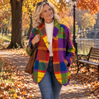Jenneke multicolour checked jacket, rainbow check, worn outdoors