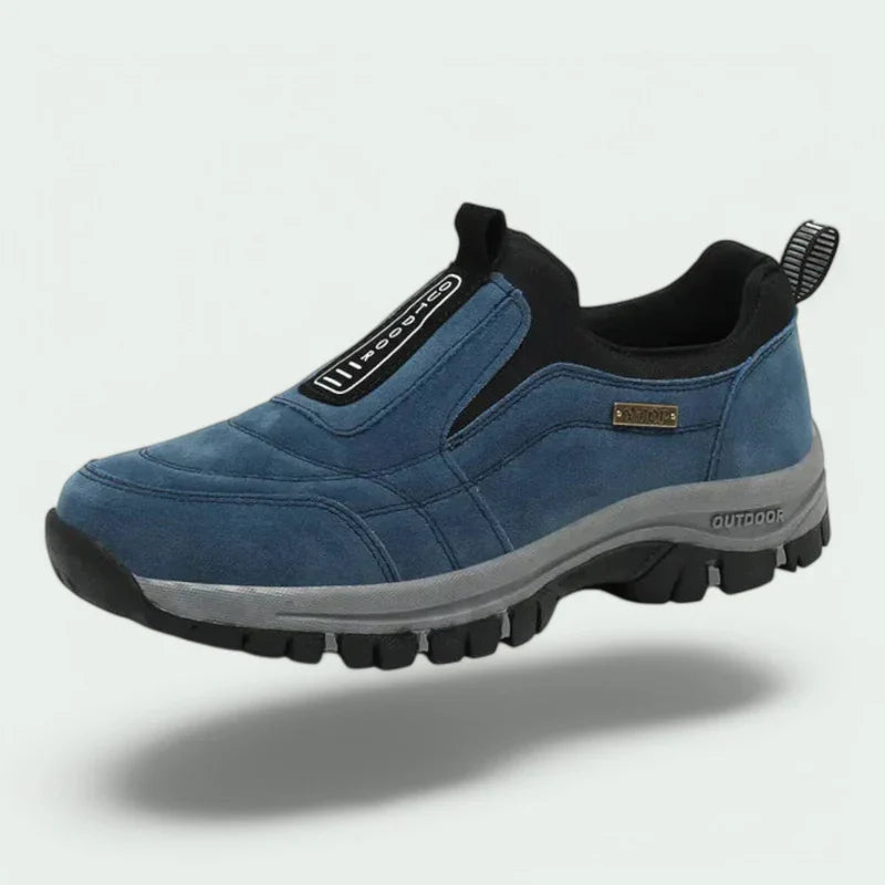 Men's laceless slip-on walking shoes with a chunky lugged grip sole.