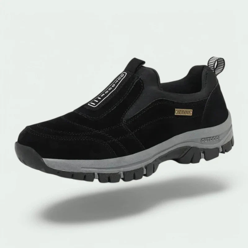 Men's laceless slip-on walking shoes with a chunky lugged grip sole.