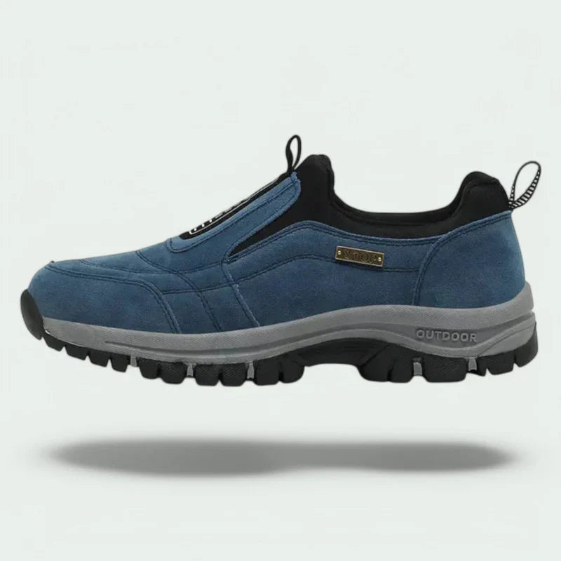Men's laceless slip-on walking shoes with a chunky lugged grip sole.