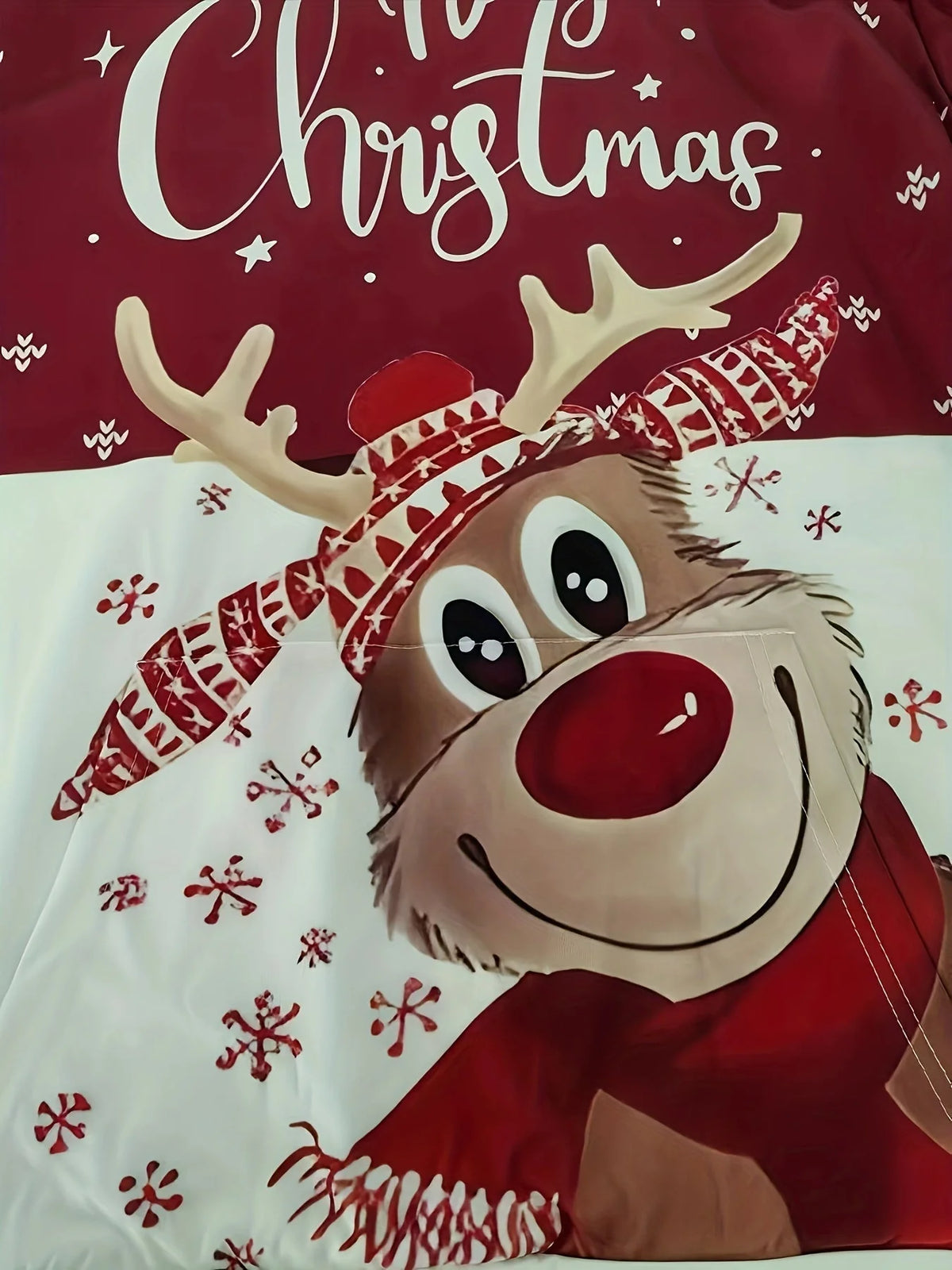 Joost Christmas hoodie in red, close-up of the front print