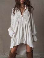 A lavender long-sleeve dress with a retro lace design and an irregular hem. 0