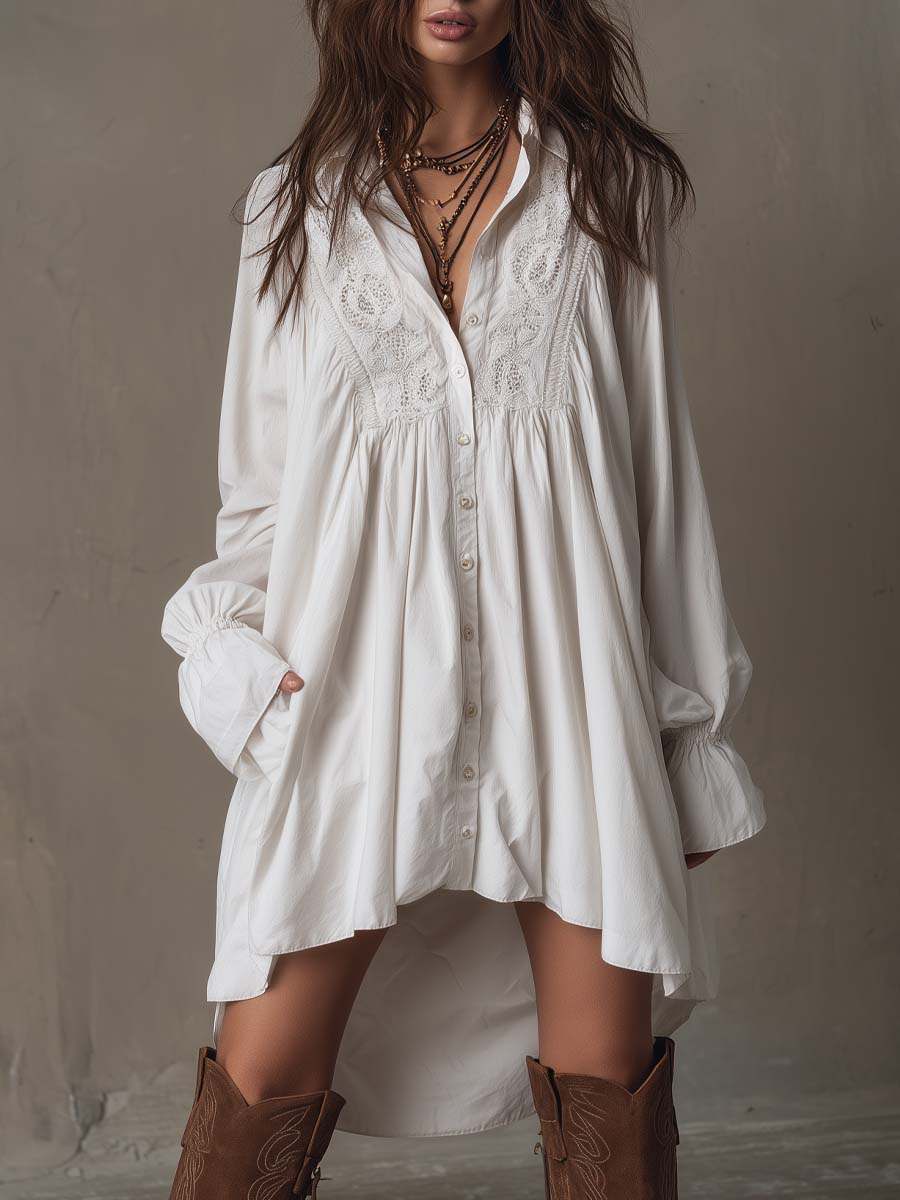 A lavender long-sleeve dress with a retro lace design and an irregular hem. 0