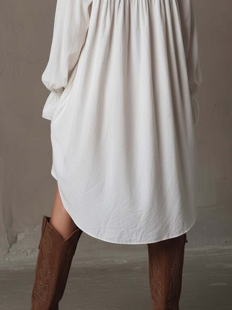 A lavender long-sleeve dress with a retro lace design and an irregular hem. 2