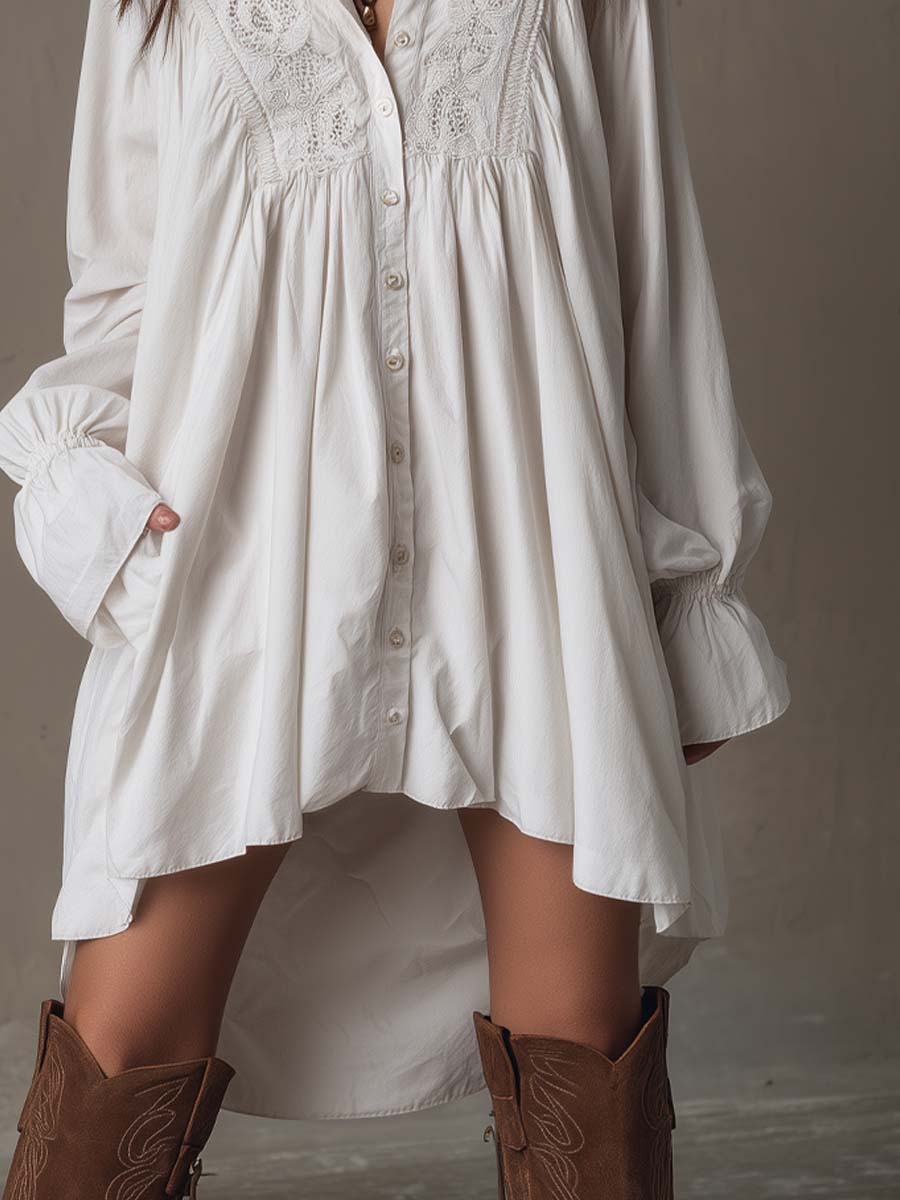 A lavender long-sleeve dress with a retro lace design and an irregular hem. 3