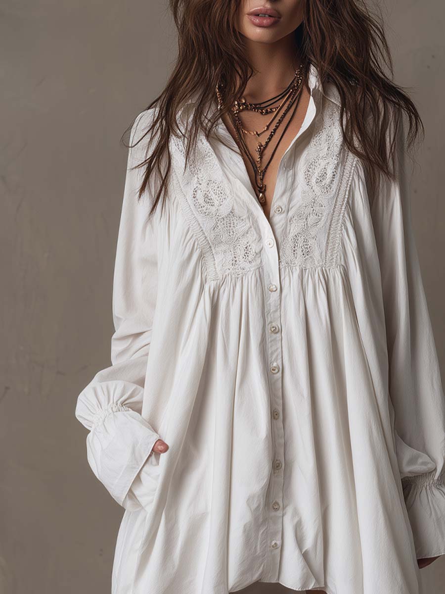 A lavender long-sleeve dress with a retro lace design and an irregular hem. 4